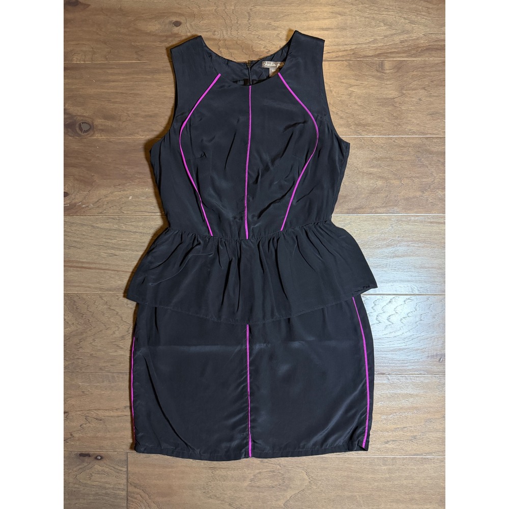 Charlie Jade Black‎ Silk Peplum Mini Dress Pink Piping Sleeveless Small